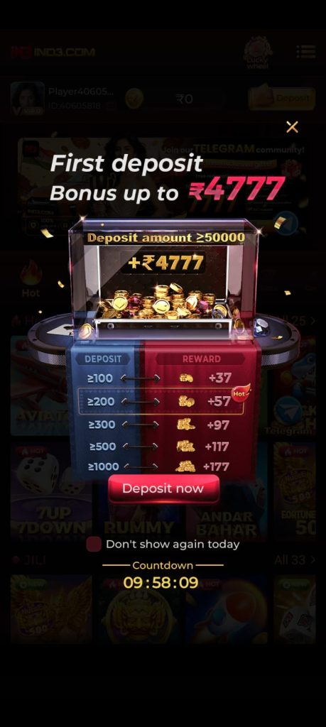 IN3 AMAZE First Deposit Bonus and Rewards Screen