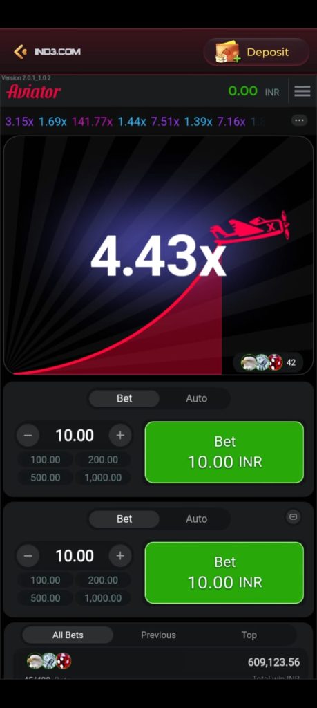IN3 AMAZE Aviator Game Betting Interface